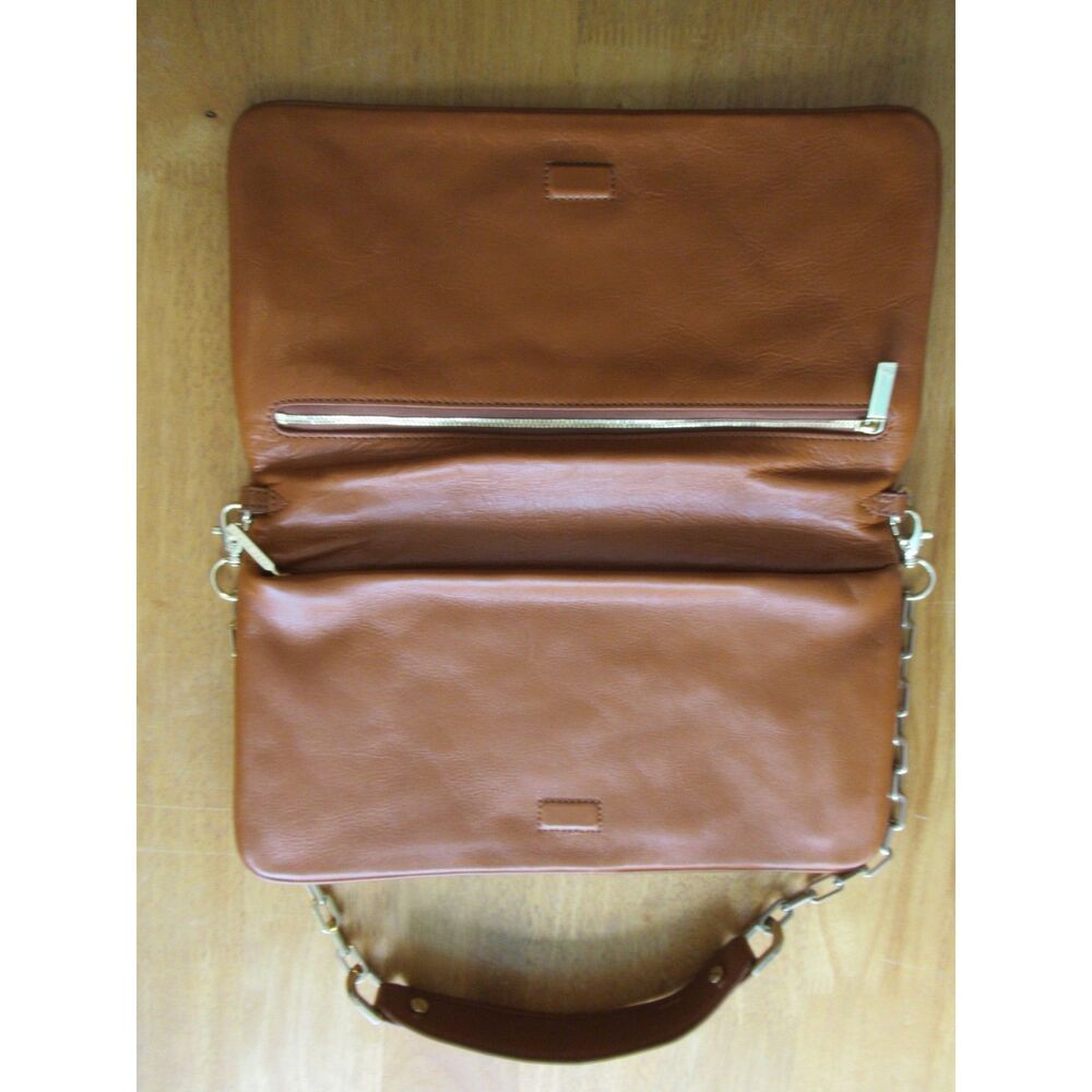 Tory Burch Bombe Reva Clutch Camel Brown Leather w/Detachable Gold Chain - Picture 4 of 6